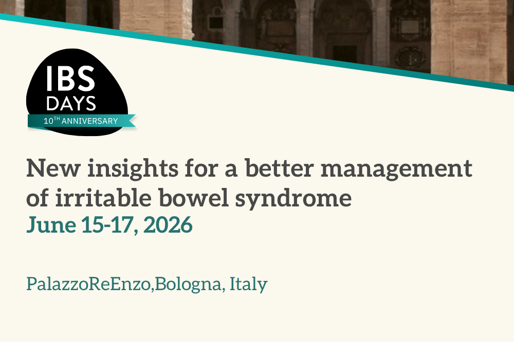 Copertina del programma con il titolo dell'evento "new inisight for a better management of irritable bowel syndrome", la data "june 15-17, 2026" e il luogo dove si terrà "Palazzo Re Enzo, Bologna, Italy"