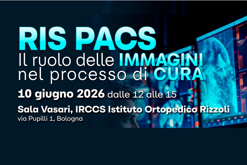 Immagine con il nome dell'evento, la data, l'orario e il luogo in cui si svolgerà. RIS PACS Il ruolo delle immagini nel processo di cura, 10 giugno 2026 dalle 12 alle 15, Sala vasari IRCCS Istituto Ortopedico Rizzoli, via Pupilli 1 Bologna
